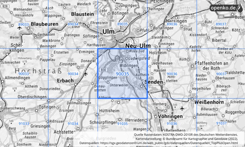 Übersichtskarte KOSTRA-DWD-2010R Rasterfeld Nr. 90035 mit angrenzenden Feldern