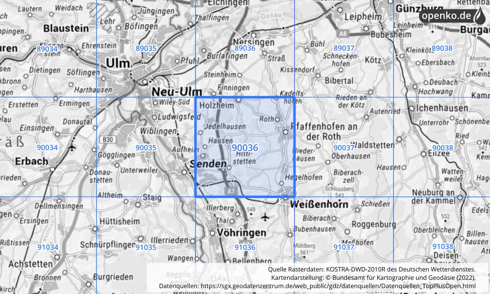 Übersichtskarte KOSTRA-DWD-2010R Rasterfeld Nr. 90036 mit angrenzenden Feldern