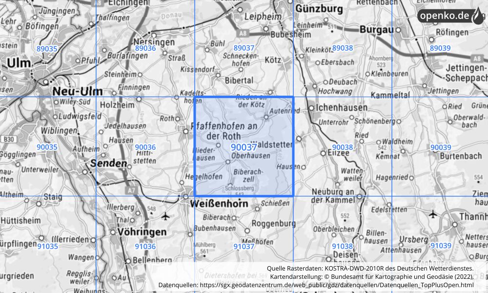 Übersichtskarte KOSTRA-DWD-2010R Rasterfeld Nr. 90037 mit angrenzenden Feldern