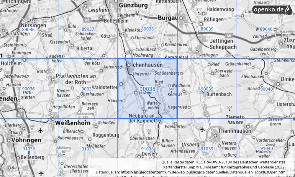 Übersichtskarte KOSTRA-DWD-2010R Rasterfeld Nr. 90038 mit angrenzenden Feldern