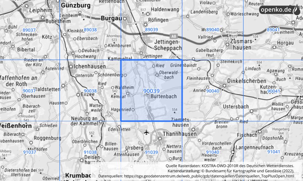 Übersichtskarte KOSTRA-DWD-2010R Rasterfeld Nr. 90039 mit angrenzenden Feldern