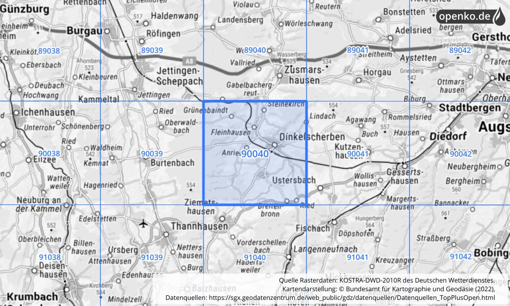 Übersichtskarte KOSTRA-DWD-2010R Rasterfeld Nr. 90040 mit angrenzenden Feldern