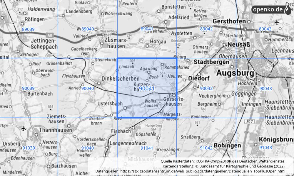 Übersichtskarte KOSTRA-DWD-2010R Rasterfeld Nr. 90041 mit angrenzenden Feldern