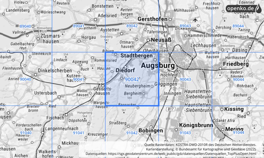 Übersichtskarte KOSTRA-DWD-2010R Rasterfeld Nr. 90042 mit angrenzenden Feldern