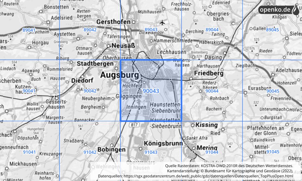 Übersichtskarte KOSTRA-DWD-2010R Rasterfeld Nr. 90043 mit angrenzenden Feldern