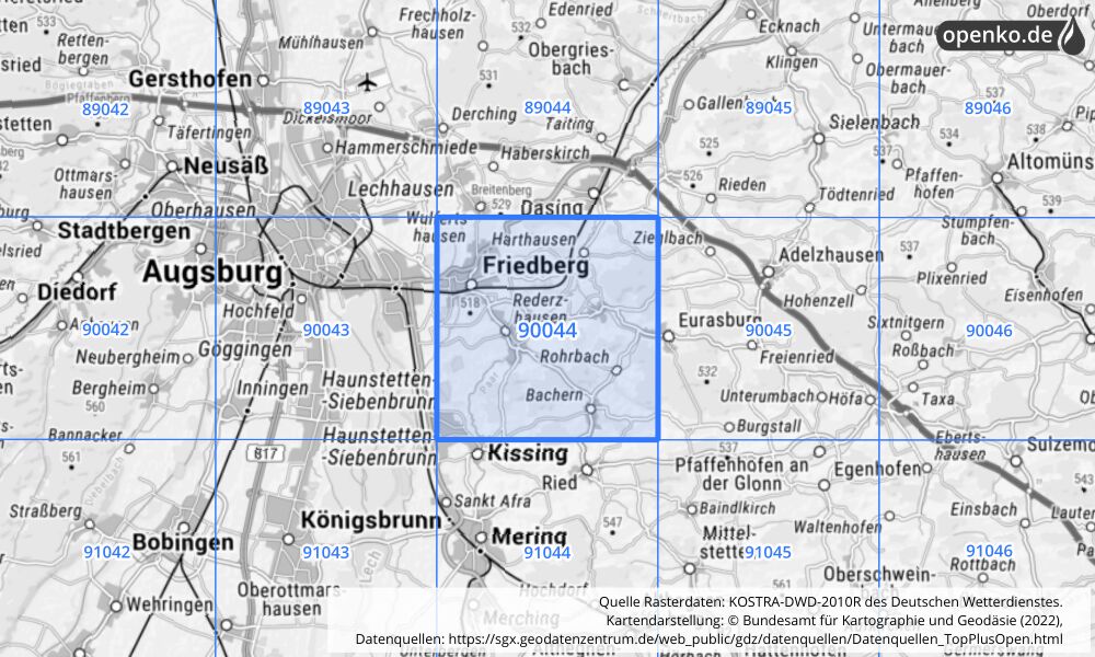 Übersichtskarte KOSTRA-DWD-2010R Rasterfeld Nr. 90044 mit angrenzenden Feldern