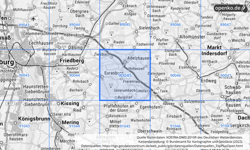 Übersichtskarte KOSTRA-DWD-2010R Rasterfeld Nr. 90045 mit angrenzenden Feldern