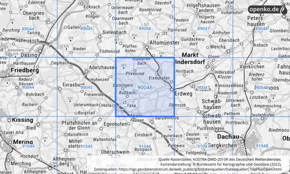 Übersichtskarte KOSTRA-DWD-2010R Rasterfeld Nr. 90046 mit angrenzenden Feldern