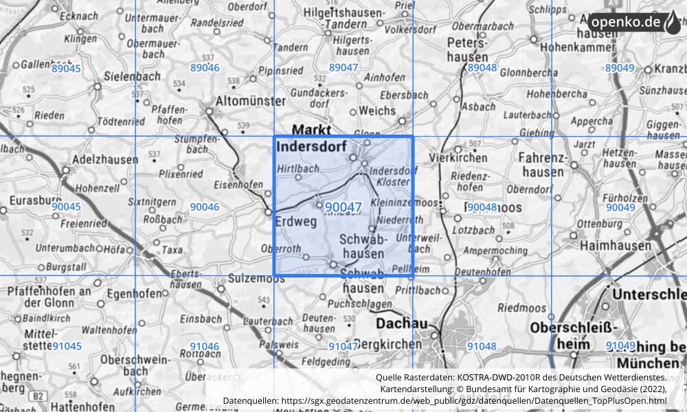Übersichtskarte KOSTRA-DWD-2010R Rasterfeld Nr. 90047 mit angrenzenden Feldern