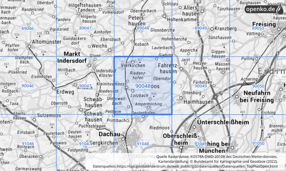 Übersichtskarte KOSTRA-DWD-2010R Rasterfeld Nr. 90048 mit angrenzenden Feldern