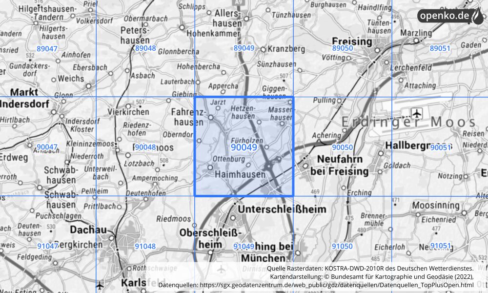 Übersichtskarte KOSTRA-DWD-2010R Rasterfeld Nr. 90049 mit angrenzenden Feldern