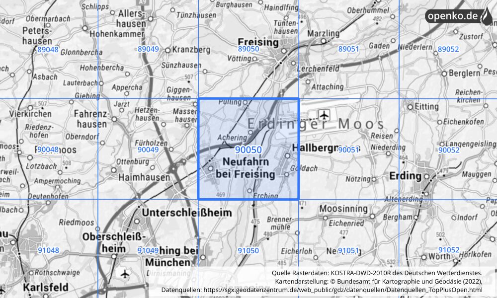 Übersichtskarte KOSTRA-DWD-2010R Rasterfeld Nr. 90050 mit angrenzenden Feldern