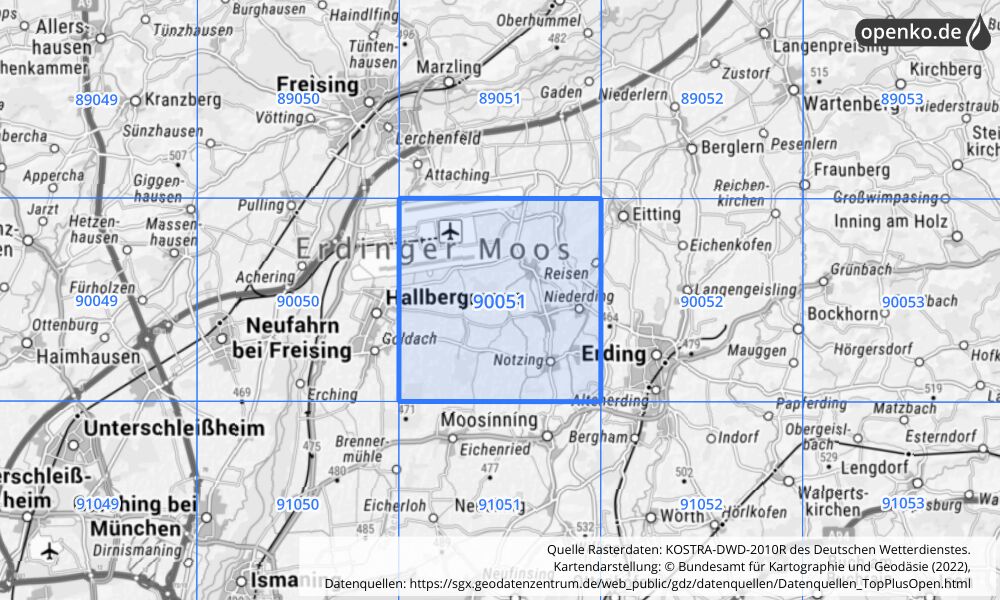Übersichtskarte KOSTRA-DWD-2010R Rasterfeld Nr. 90051 mit angrenzenden Feldern