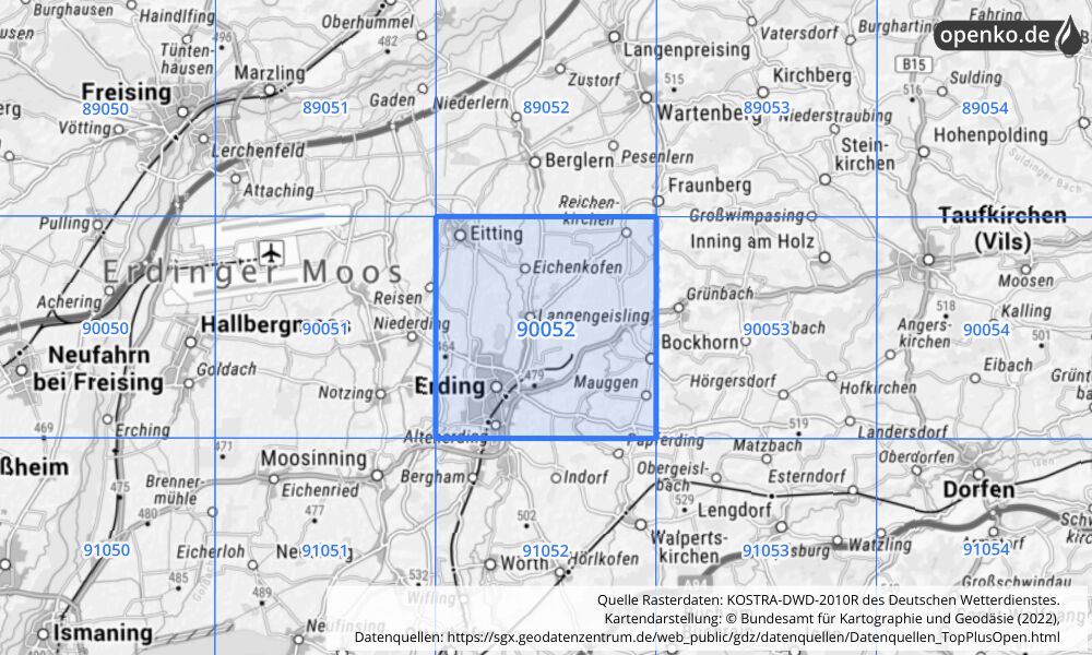 Übersichtskarte KOSTRA-DWD-2010R Rasterfeld Nr. 90052 mit angrenzenden Feldern