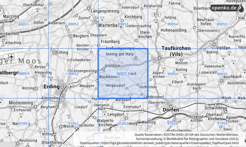 Übersichtskarte KOSTRA-DWD-2010R Rasterfeld Nr. 90053 mit angrenzenden Feldern