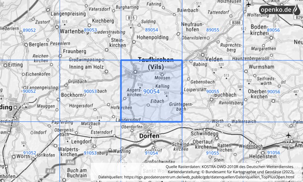 Übersichtskarte KOSTRA-DWD-2010R Rasterfeld Nr. 90054 mit angrenzenden Feldern