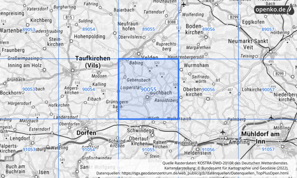 Übersichtskarte KOSTRA-DWD-2010R Rasterfeld Nr. 90055 mit angrenzenden Feldern