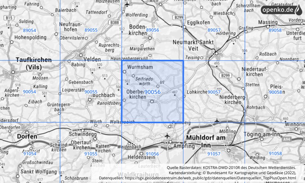 Übersichtskarte KOSTRA-DWD-2010R Rasterfeld Nr. 90056 mit angrenzenden Feldern