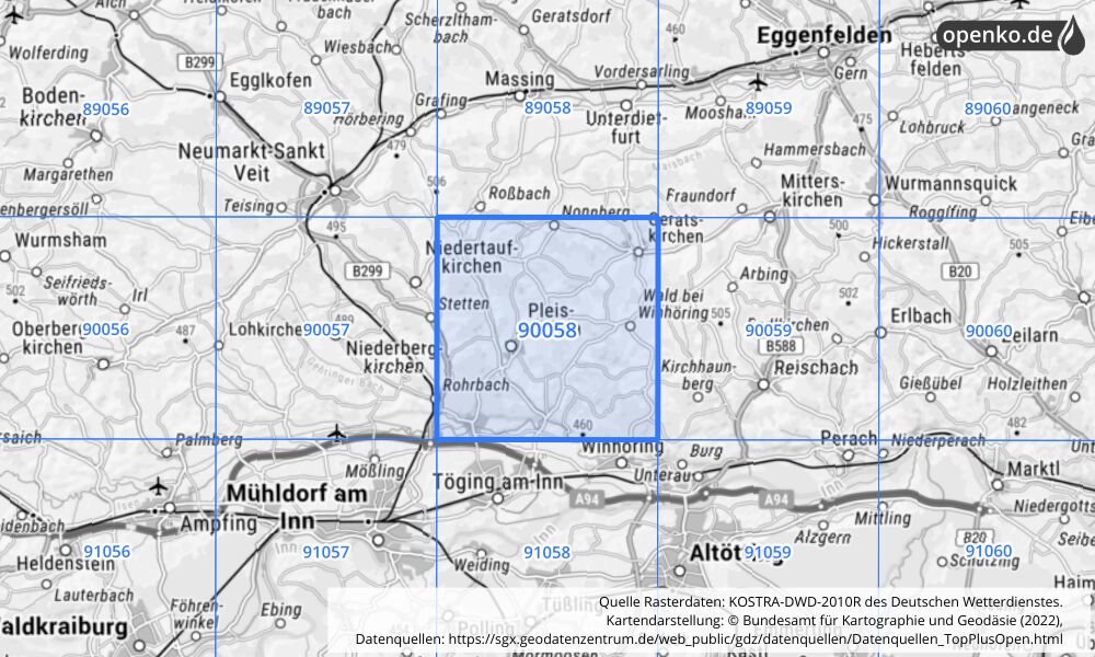 Übersichtskarte KOSTRA-DWD-2010R Rasterfeld Nr. 90058 mit angrenzenden Feldern