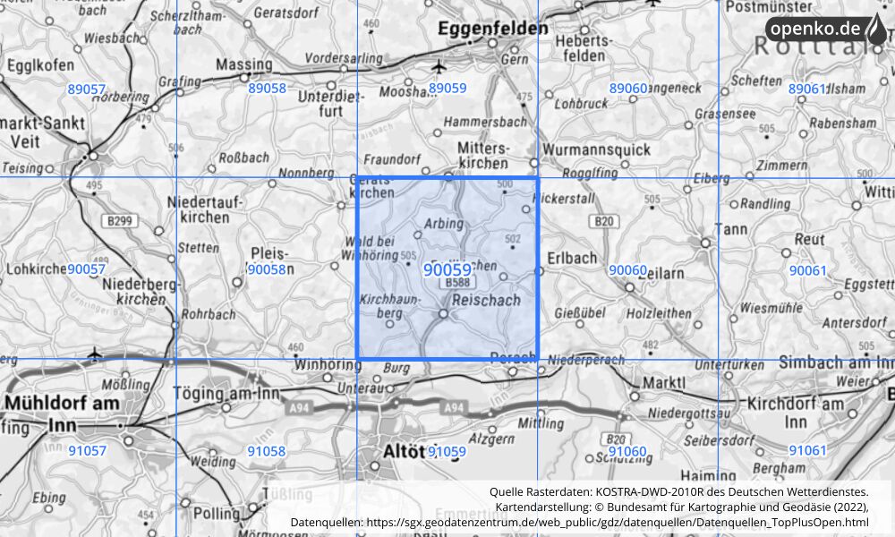 Übersichtskarte KOSTRA-DWD-2010R Rasterfeld Nr. 90059 mit angrenzenden Feldern