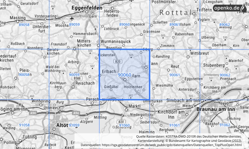 Übersichtskarte KOSTRA-DWD-2010R Rasterfeld Nr. 90060 mit angrenzenden Feldern