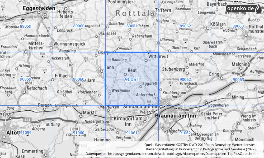 Übersichtskarte KOSTRA-DWD-2010R Rasterfeld Nr. 90061 mit angrenzenden Feldern