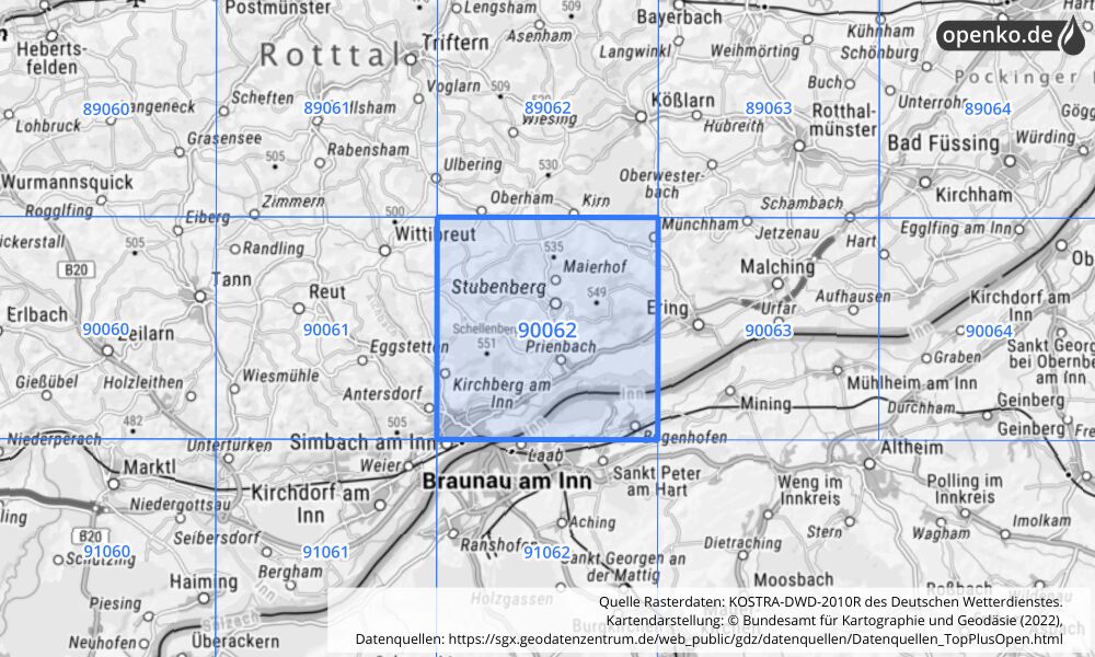 Übersichtskarte KOSTRA-DWD-2010R Rasterfeld Nr. 90062 mit angrenzenden Feldern