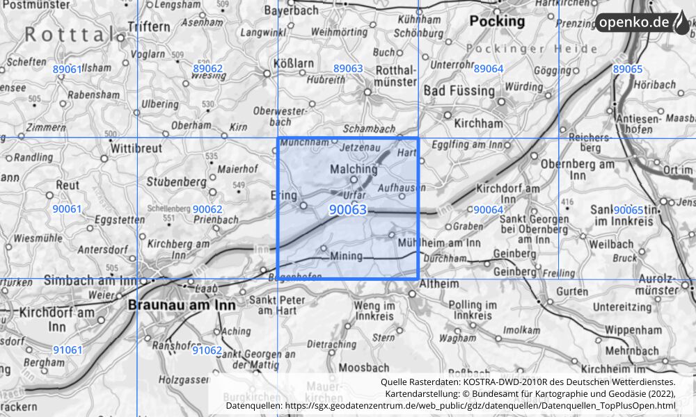 Übersichtskarte KOSTRA-DWD-2010R Rasterfeld Nr. 90063 mit angrenzenden Feldern