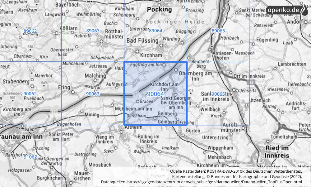Übersichtskarte KOSTRA-DWD-2010R Rasterfeld Nr. 90064 mit angrenzenden Feldern