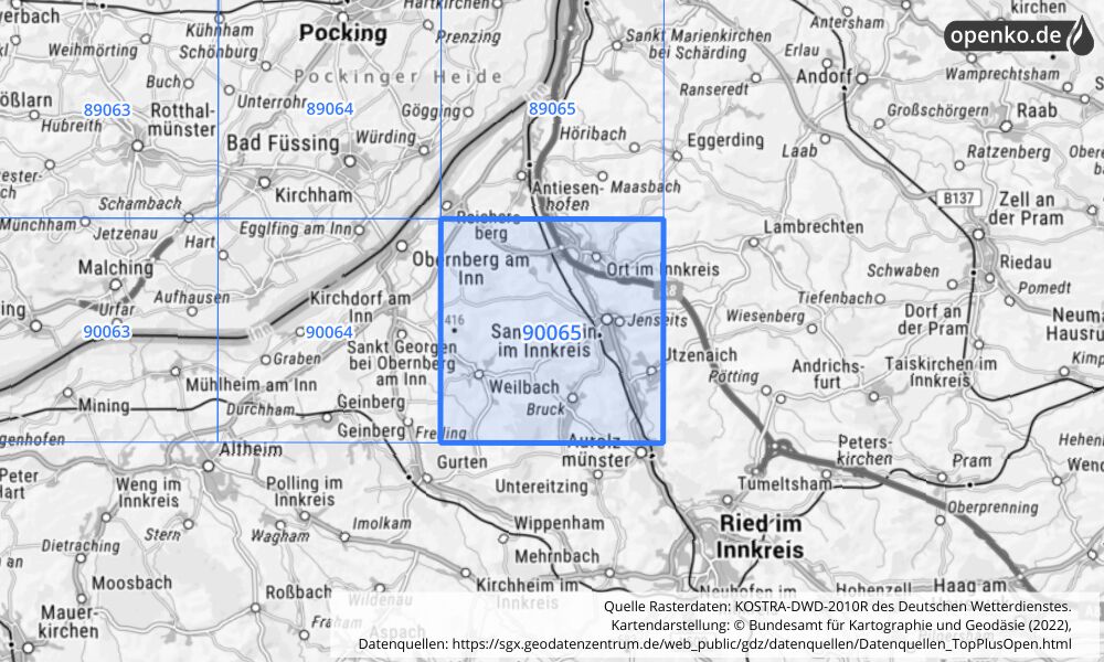 Übersichtskarte KOSTRA-DWD-2010R Rasterfeld Nr. 90065 mit angrenzenden Feldern