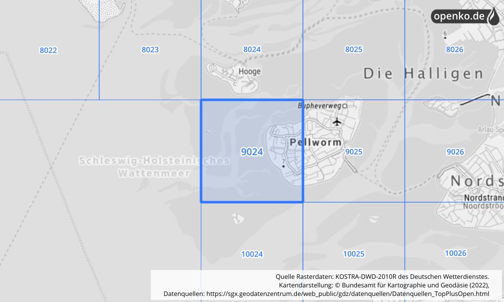 Übersichtskarte KOSTRA-DWD-2010R Rasterfeld Nr. 9024 mit angrenzenden Feldern