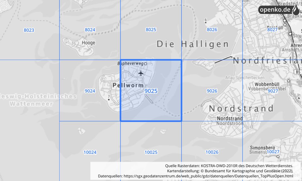 Übersichtskarte KOSTRA-DWD-2010R Rasterfeld Nr. 9025 mit angrenzenden Feldern