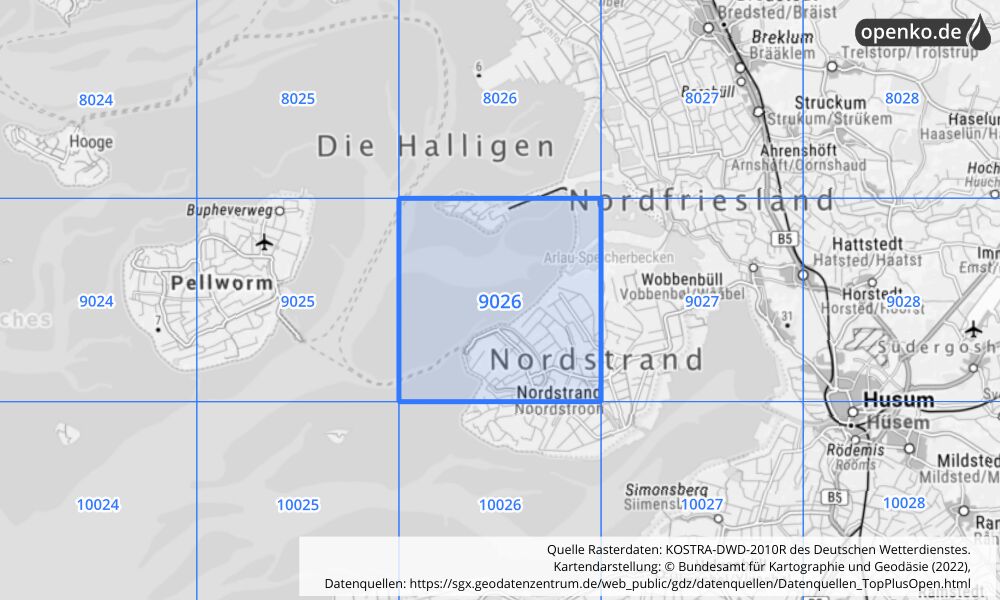 Übersichtskarte KOSTRA-DWD-2010R Rasterfeld Nr. 9026 mit angrenzenden Feldern