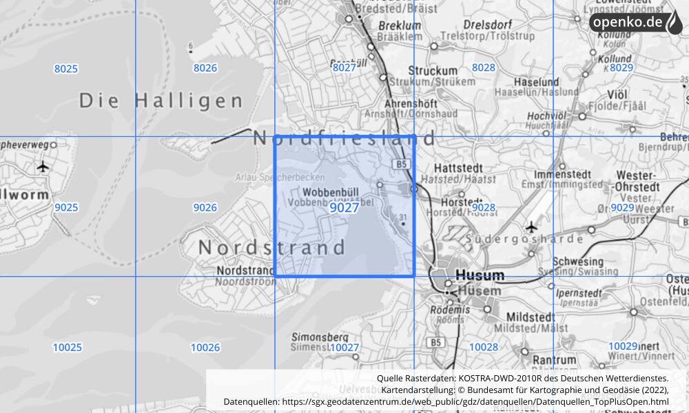 Übersichtskarte KOSTRA-DWD-2010R Rasterfeld Nr. 9027 mit angrenzenden Feldern