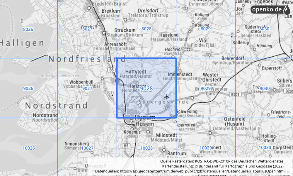 Übersichtskarte KOSTRA-DWD-2010R Rasterfeld Nr. 9028 mit angrenzenden Feldern