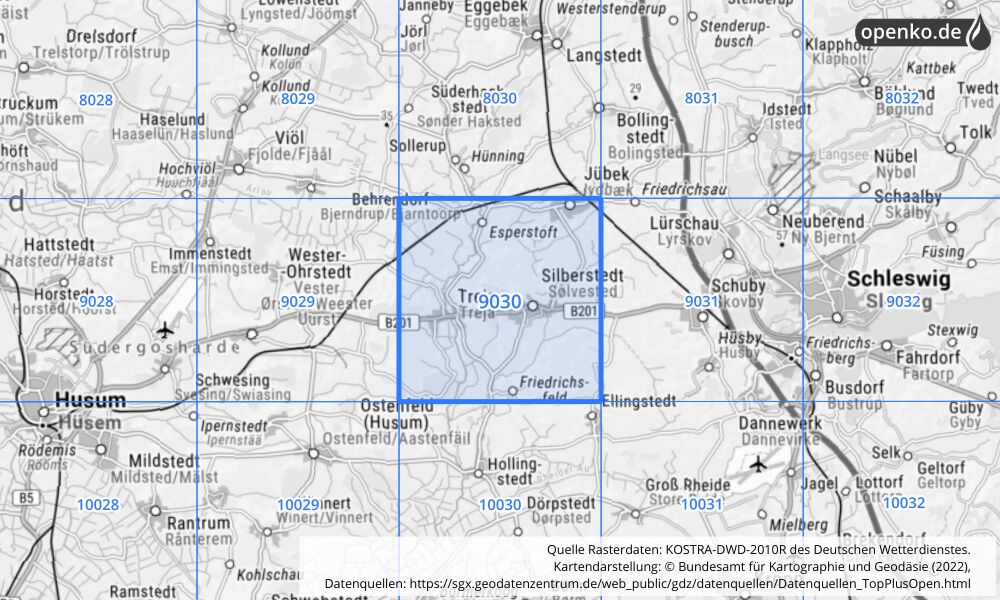 Übersichtskarte KOSTRA-DWD-2010R Rasterfeld Nr. 9030 mit angrenzenden Feldern