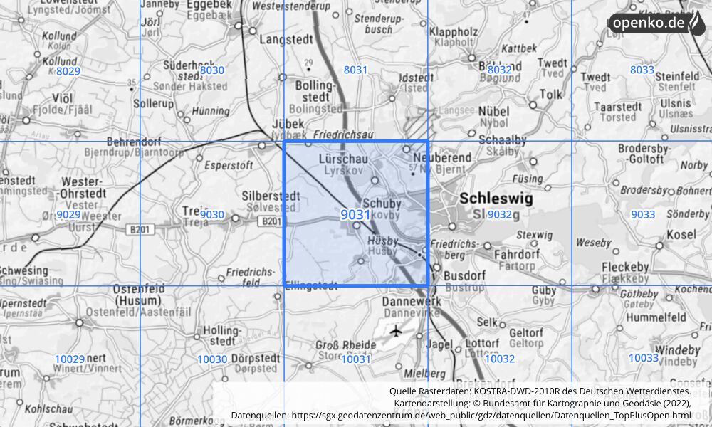 Übersichtskarte KOSTRA-DWD-2010R Rasterfeld Nr. 9031 mit angrenzenden Feldern