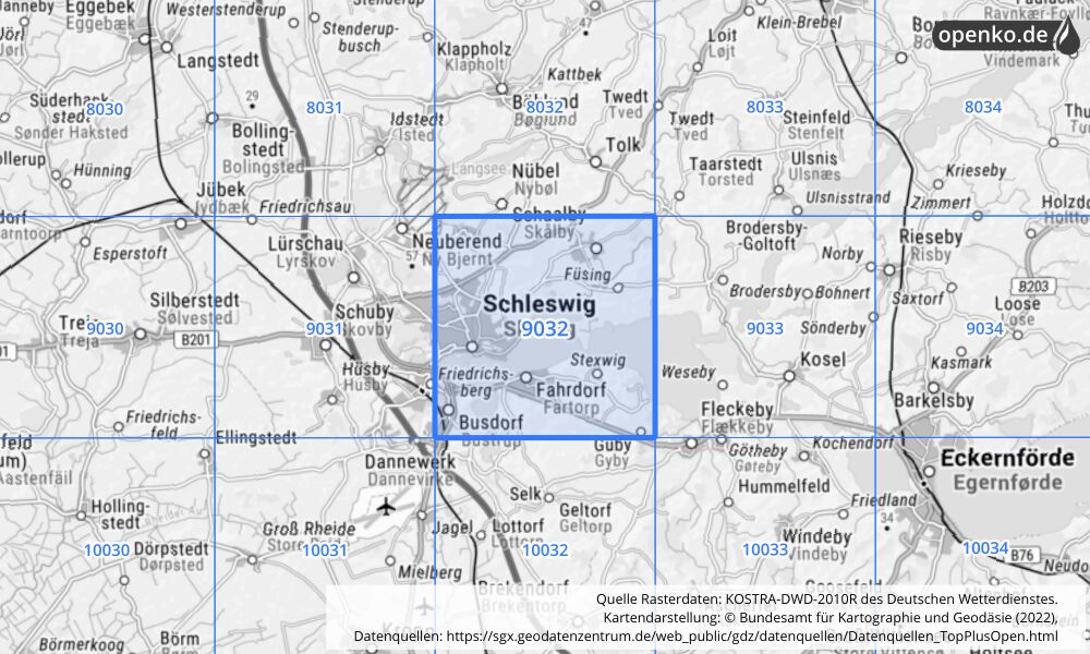 Übersichtskarte KOSTRA-DWD-2010R Rasterfeld Nr. 9032 mit angrenzenden Feldern