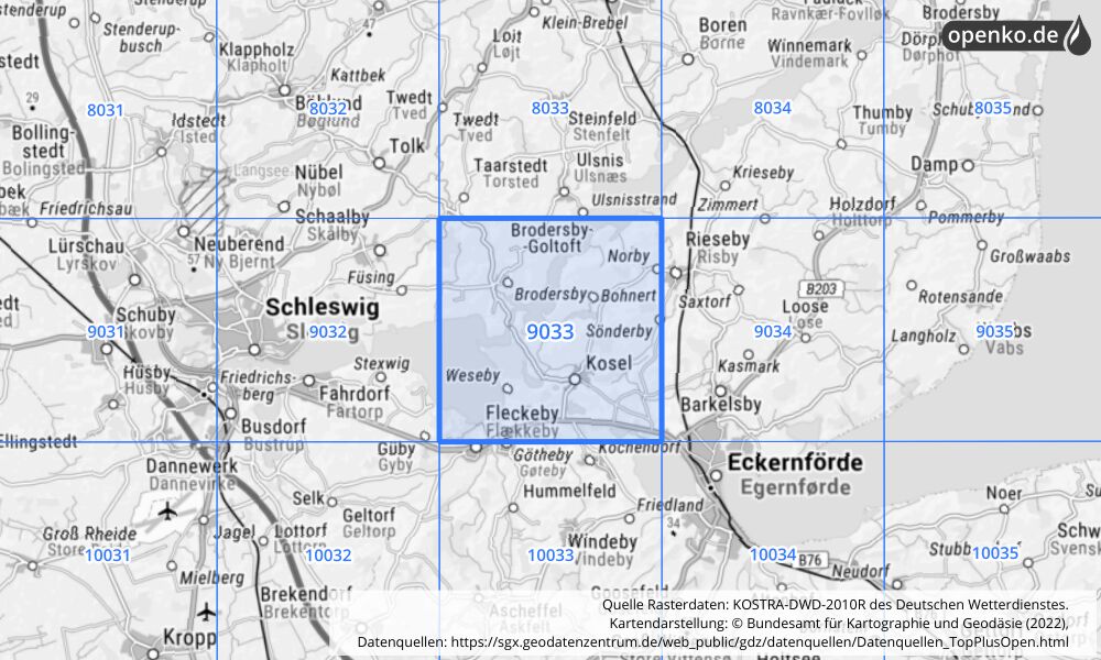 Übersichtskarte KOSTRA-DWD-2010R Rasterfeld Nr. 9033 mit angrenzenden Feldern