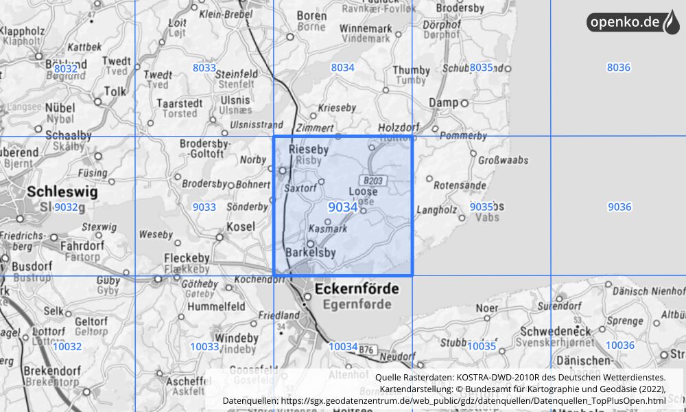 Übersichtskarte KOSTRA-DWD-2010R Rasterfeld Nr. 9034 mit angrenzenden Feldern