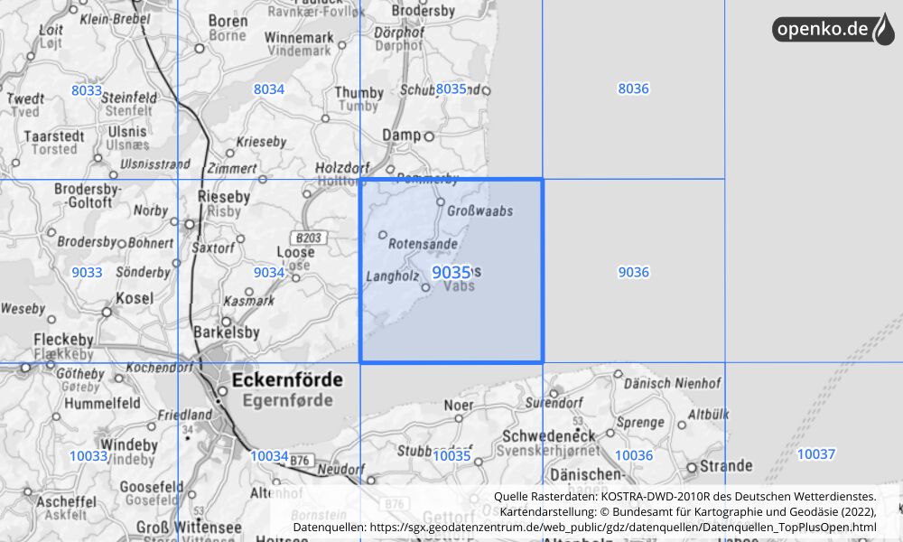 Übersichtskarte KOSTRA-DWD-2010R Rasterfeld Nr. 9035 mit angrenzenden Feldern