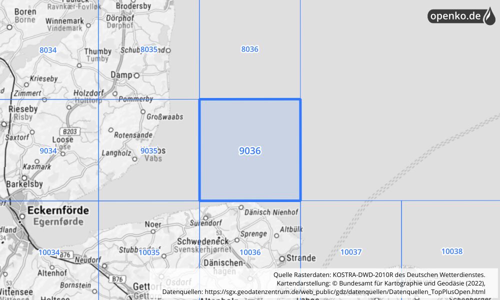 Übersichtskarte KOSTRA-DWD-2010R Rasterfeld Nr. 9036 mit angrenzenden Feldern