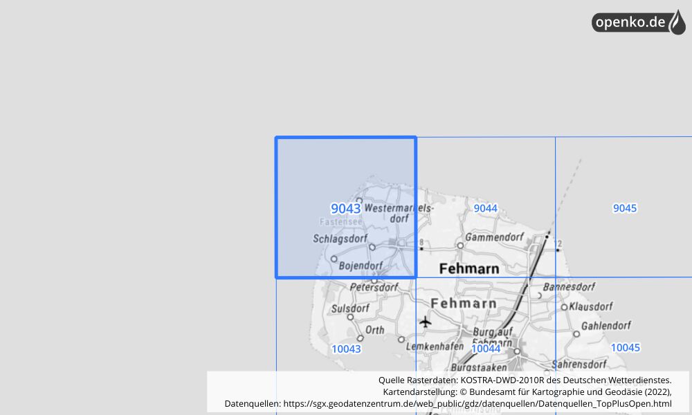 Übersichtskarte KOSTRA-DWD-2010R Rasterfeld Nr. 9043 mit angrenzenden Feldern