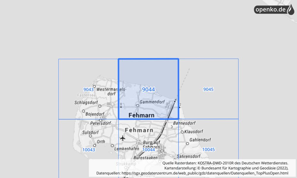 Übersichtskarte KOSTRA-DWD-2010R Rasterfeld Nr. 9044 mit angrenzenden Feldern