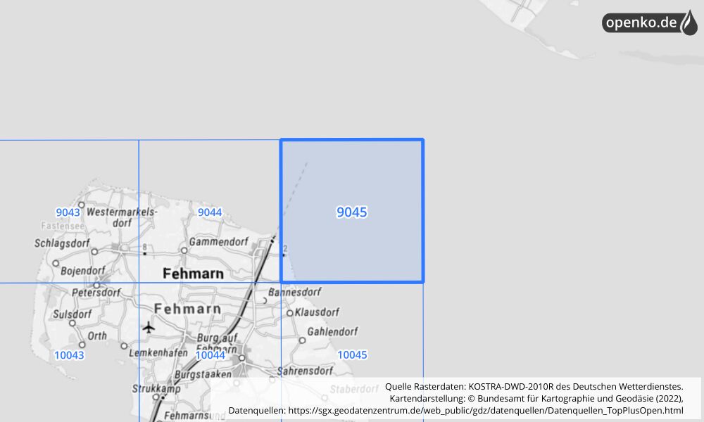 Übersichtskarte KOSTRA-DWD-2010R Rasterfeld Nr. 9045 mit angrenzenden Feldern