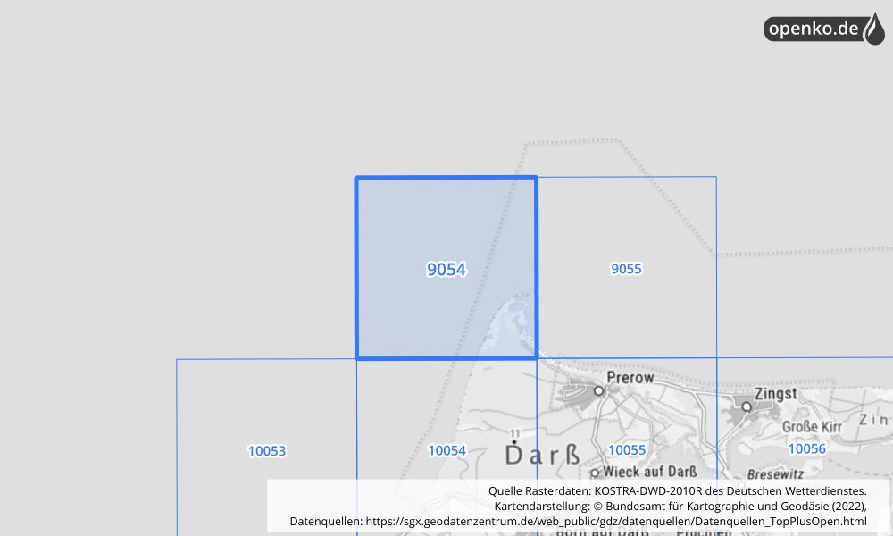 Übersichtskarte KOSTRA-DWD-2010R Rasterfeld Nr. 9054 mit angrenzenden Feldern