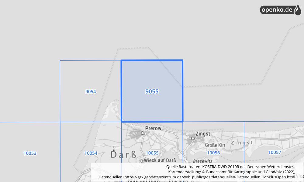 Übersichtskarte KOSTRA-DWD-2010R Rasterfeld Nr. 9055 mit angrenzenden Feldern