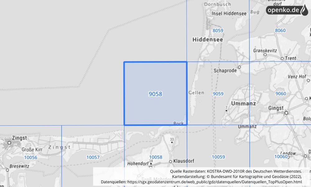 Übersichtskarte KOSTRA-DWD-2010R Rasterfeld Nr. 9058 mit angrenzenden Feldern