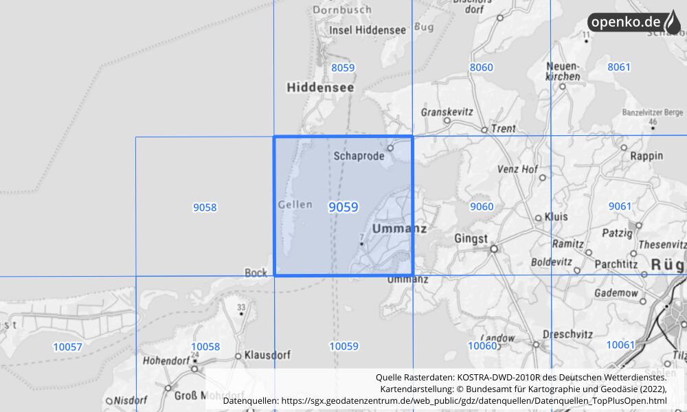 Übersichtskarte KOSTRA-DWD-2010R Rasterfeld Nr. 9059 mit angrenzenden Feldern