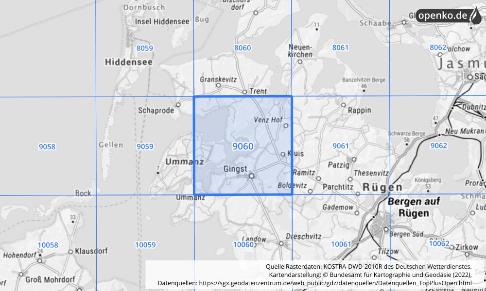 Übersichtskarte KOSTRA-DWD-2010R Rasterfeld Nr. 9060 mit angrenzenden Feldern